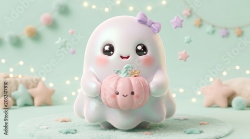 Cute little ghost character holding a small smiling pumpkin in a soft pastel room with stars and lights Vector