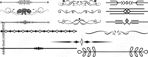 Ornate decorative divider vector set with elegant line separators, vintage flourishes, whimsical borders and creative embellishment elements eps.Border line, divider vector set, decorative.