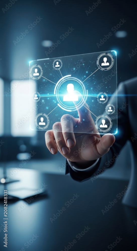 Fototapeta premium Professional businessman touching digital network interface for team management with business, technology