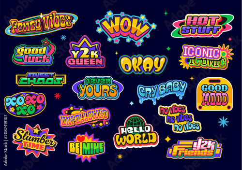 Foto Retro y2k stickers and patch labels with slogans as Wow, Hot Stuff, y2k Queen and Cry Baby, Be Mine, Good Mood and Hello World