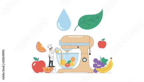 Chef standing on a stepladder adding fresh juice to a food processor bowl filled with colorful fruits for a smoothie preparation.