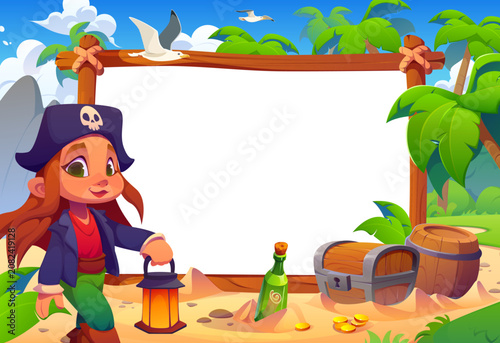 Konstfotografi Cartoon funny girl pirate with lantern near wooden banner at tropical island