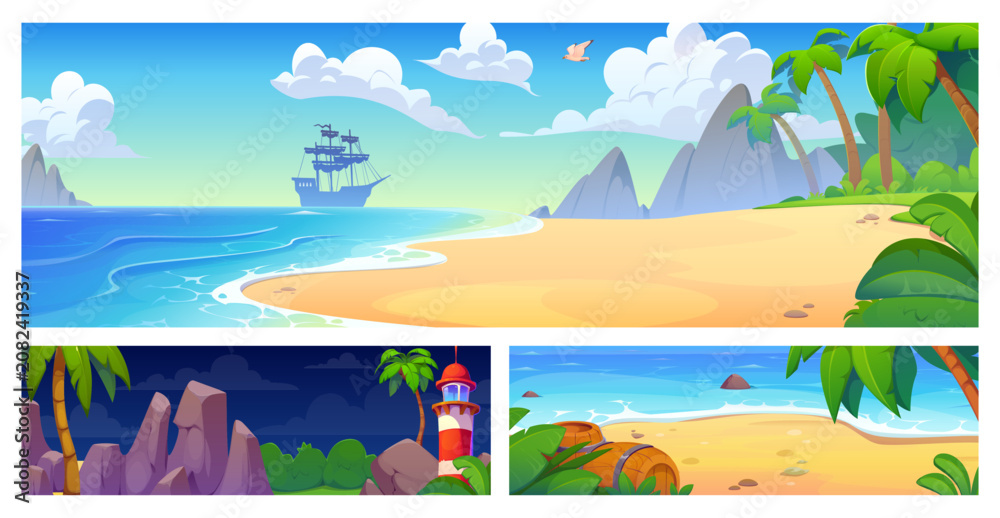 Fototapeta premium Cartoon tropical island landscape banners set. Summer beach with palm trees, sand and sail ship in blue lagoon, jungle forest, mountains and lighthouse. Tropical island landscape at day and night