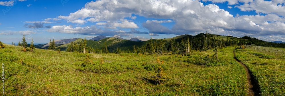 Fototapeta premium Scenic Springtime Hiking Landscape, Jumpingpound Ridge Grassland Prairie Meadow, Kananaskis Country Alberta Foothills Canadian Rocky Mountains