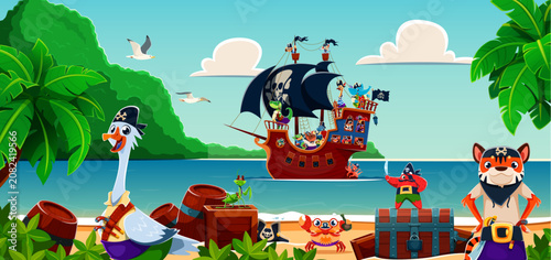 Photos Cartoon funny animal pirates and corsair ship