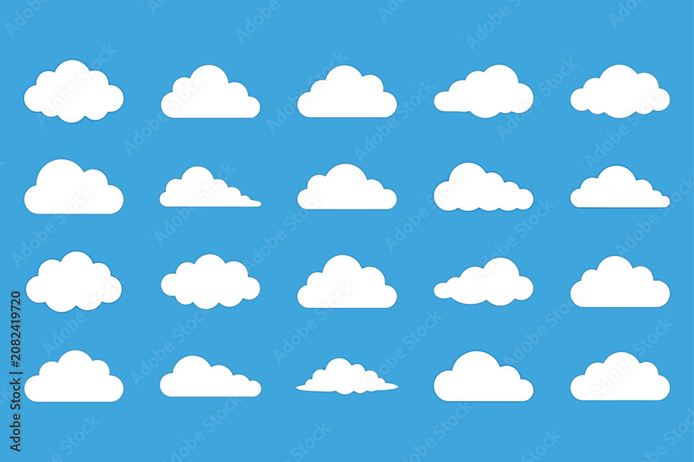 Fototapeta premium White cloud silhouettes flat vector set isolated on blue background.
