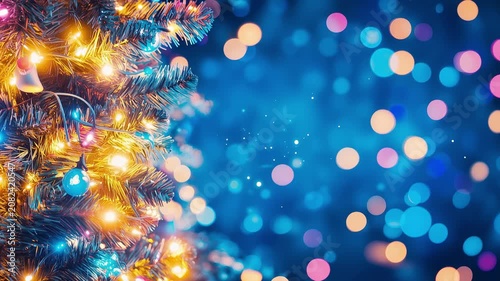 Festive evergreen tree adorned with glowing fairy lights and delicate ornaments, set against dreamy azure backdrop of shimmering bokeh.