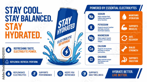 Billede på lærred Electrolyte drink advertisement featuring blue can and hydration benefits