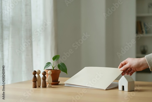 Family people wooden figures standing next to small house and plant on table in room with white curtains