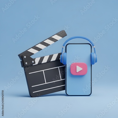 3D Render of a Smartphone with Headphones and a Clapperboard on a Blue stock