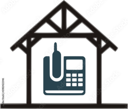 A minimalist vector icon featuring a classic landline telephone and wireless handset positioned inside the structure of a house or open barn roof framework, representing home communication, real estat
