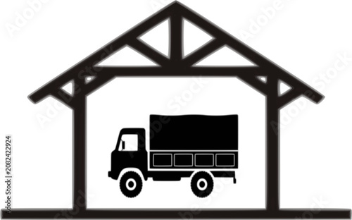 A minimalist black and white vector icon depicting a commercial cargo truck or delivery lorry parked under a wooden timber-frame garage, carport, or shelter structure.