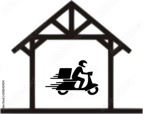 A minimalist black and white vector logo featuring a fast delivery courier riding a scooter with a cargo box, sheltered inside a warehouse or house structure with a visible wooden truss roof. Ideal fo