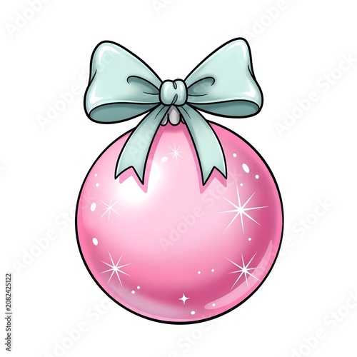 Pink Christmas ornament with a light blue bow on white bauble decoration