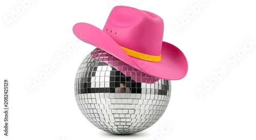 Pink Cowboy Hat on a Silver Disco Ball with Yellow Band Isolated on White party