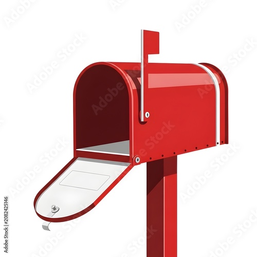 Red American Style Mailbox with Open Door and Flag Raised on White postbox metal