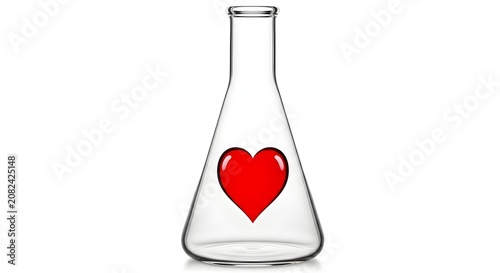 Red Heart Inside a Glass Laboratory Flask on White stock