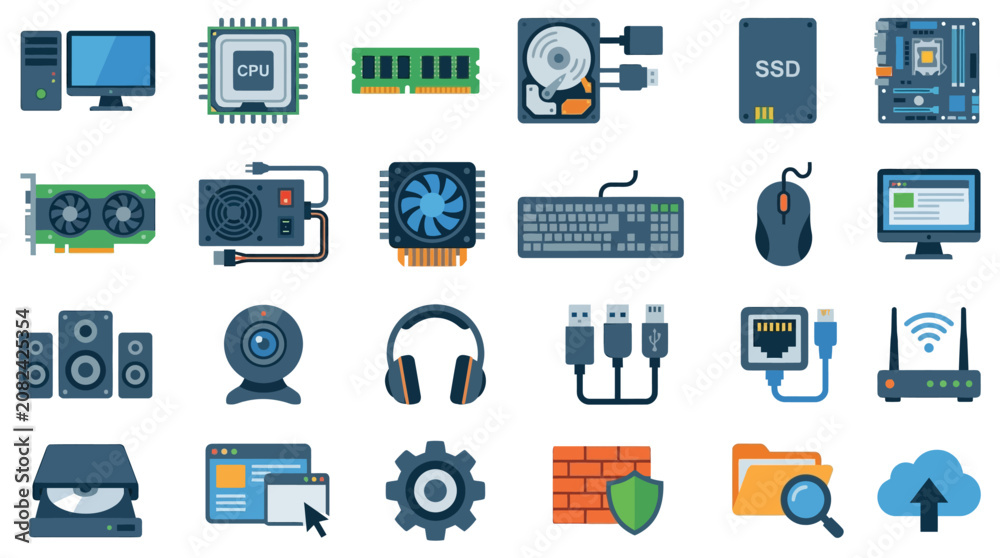 Fototapeta premium Computer Hardware Flat Icon Set
