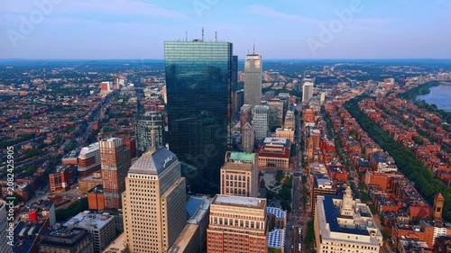 Panorama of Boston, Massachusetts, USA at sunset. The Back Bay neighborhood from drone footage.