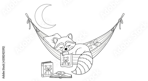 Cute raccoon sleeping peacefully in a hammock under the crescent moon, with books nearby.