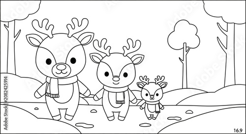 Cute cartoon reindeer family in winter forest, outline for coloring book, Christmas theme, kawaii style