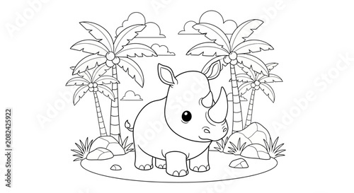 Cute cartoon baby rhinoceros standing in a savanna landscape with palm trees and rocks, coloring page.