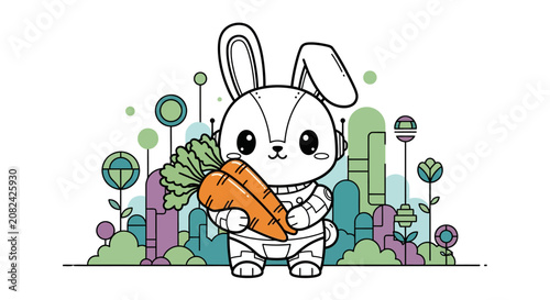 Cute Robot Bunny Holding a Carrot in a Futuristic Garden, Kawaii Style Illustration
