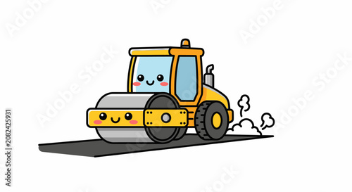 Cute Kawaii Yellow Steamroller Compacting Asphalt on a Road, Construction Vehicle Character with Smiling Face