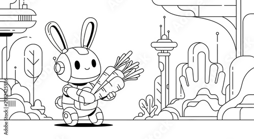 Cute robot bunny character holding a bunch of carrots in a futuristic city with clean lines and organic shapes.