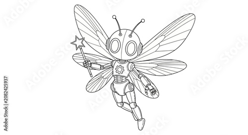 Cute robot fairy with wings and magic wand, line art illustration, futuristic fantasy character design