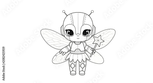 Cute robot fairy character with wings and magic wand, outline drawing for coloring book