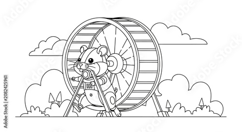 Cute cartoon hamster running in a wheel, outline drawing, black and white, isolated on white background, for coloring page