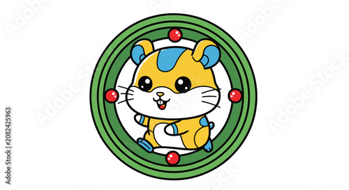 Cute cartoon hamster character in a green circle with red dots, kawaii style, isolated on white background