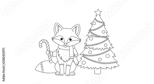 Cute cartoon fox with candy cane and Christmas tree, outline drawing for coloring book