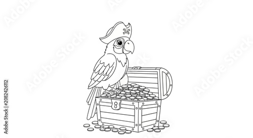 Line art illustration of a pirate parrot sitting on a treasure chest overflowing with gold coins, isolated on white background