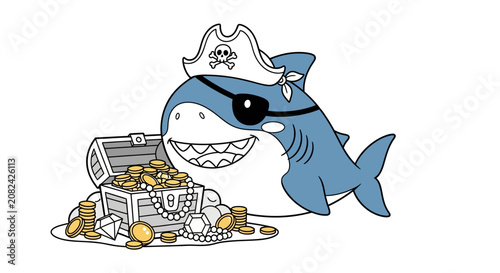 Cute cartoon pirate shark with treasure chest full of gold coins and jewels, illustration for children