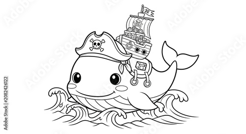 Cute cartoon whale with pirate hat and ship on its back, sailing on waves, black and white line art for coloring