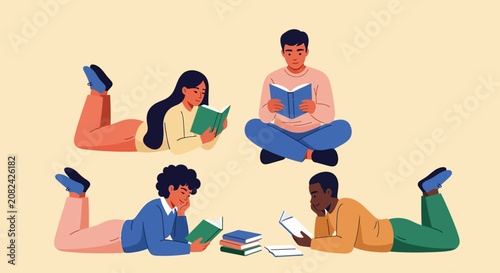 Vector illustration of people reading books, students studying, reading group, book lovers