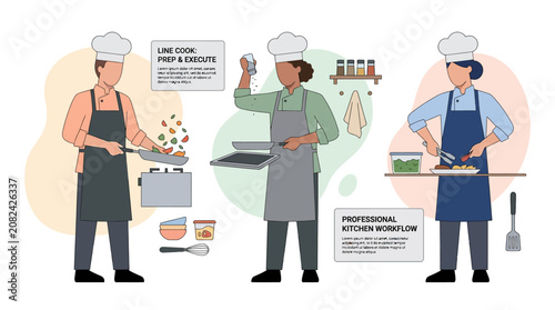Professional chefs in a modern kitchen preparing food, culinary teamwork, cooking class illustration