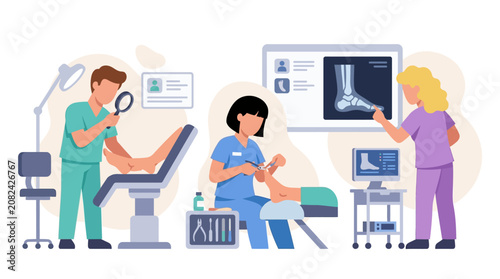 Foto Podiatry Clinic: Doctors Examine Patient Feet and X-ray
