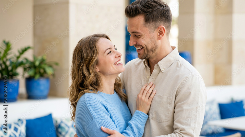 Fototapeta premium Happy romantic couple looking at each other and smiling. Young man and woman embracing outdoors. Dating and relationship concept