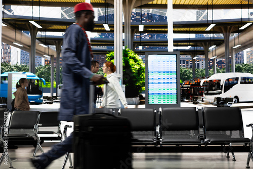 Photography Multicultural group of passengers waiting before interstate coach departure, inside regional bus hub, travelers group with carry-on luggage checking departure board, long-haul relocation travel
