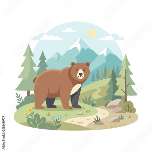 Grizzly bear in mountain forest landscape, flat vector illustration of wild brown bear, wilderness nature scene icon