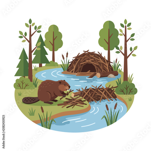 Beaver building dam in forest river vector, wild animal habitat with lodge and trees, flat nature landscape illustration