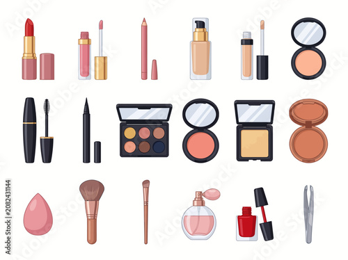 Fotografi Beauty makeup cosmetics icon set, professional visage items vector
