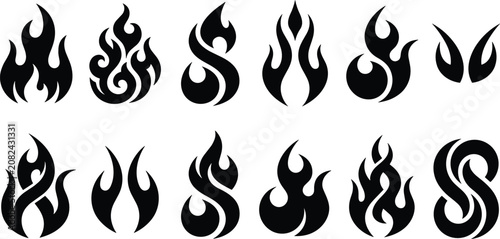 Abstract Flame Swirl Flat Vector Icon Collection Featuring Fire, Energy, Heat, Blaze, Dynamic Curved Shapes and Modern Logo Design Elements