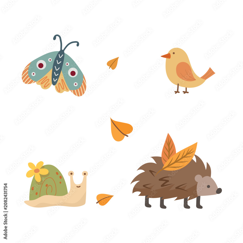 Fototapeta premium Cute autumn woodland animals clipart set with hedgehog, bird, butterfly, snail, mushrooms, acorns and autumn leaves. Flat vector collection for nursery design, stickers, printable projects and seasona