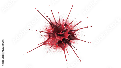 A vibrant red liquid splash erupting from a central point, creating a star-shaped pattern with numerous droplets flying on a black background