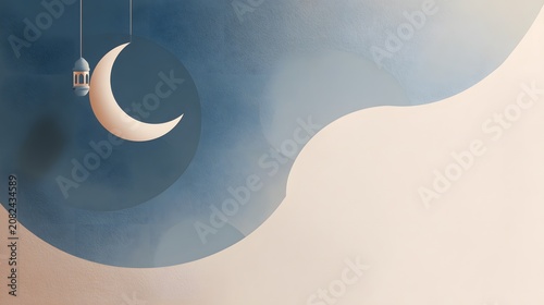 Ramadan celebration with paper cut art style. Blue night sky featuring crescent moon and hanging lantern. Minimalist Islamic greeting card background with copy spaceю
