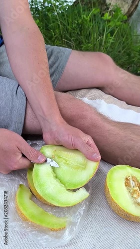 A picnic in nature. Men's hands cutting a melon into slices.